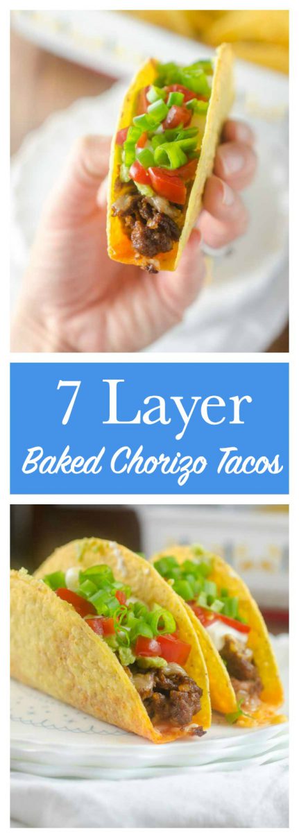 Everyone's favorite party dip turned into a taco! These 7 Layer Baked Chorizo Tacos will be a hit with the whole family! 