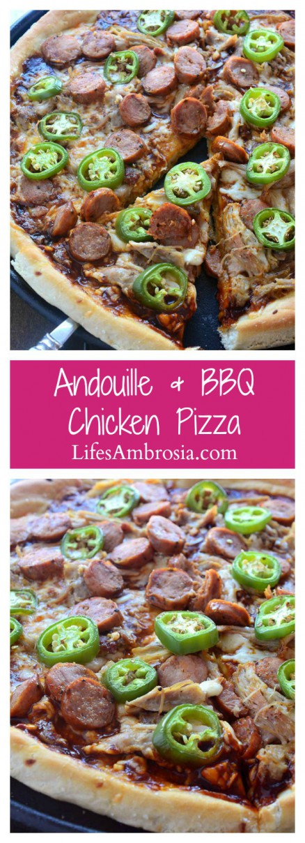 Sweet n' spicy fans will love this pizza! Andouille and BBQ Chicken Pizza is loaded with shredded chicken, andouille sausage, jalapeños and BBQ Sauce.
