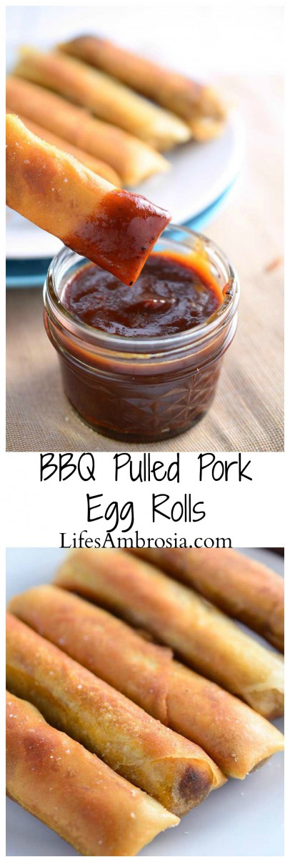 BBQ Pulled Pork Egg Rolls are loaded with slow cooker pulled pork, bbq sauce, red onions and jalapeños then fried until golden. Egg. Roll. Perfection.