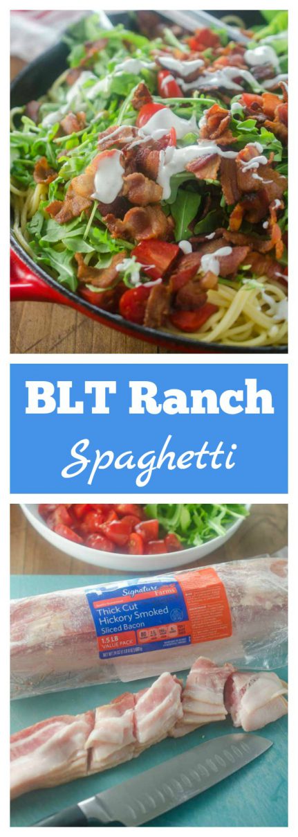 This Ranch BLT Spaghetti is full of thick cut bacon, diced tomatoes, arugula and a drizzle of ranch. It’ll be a family favorite for sure! #ad
