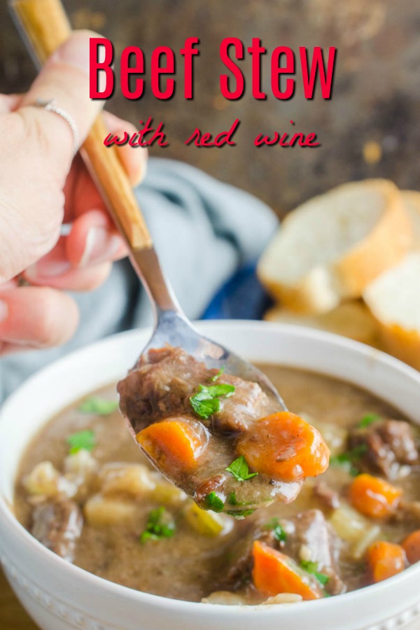 Beef Stew with Red wine is a hearty stew full of tender fall apart beef, vegetables, beef broth and red wine. It's the perfect cold weather comfort food! #stew #beefstew #dinner