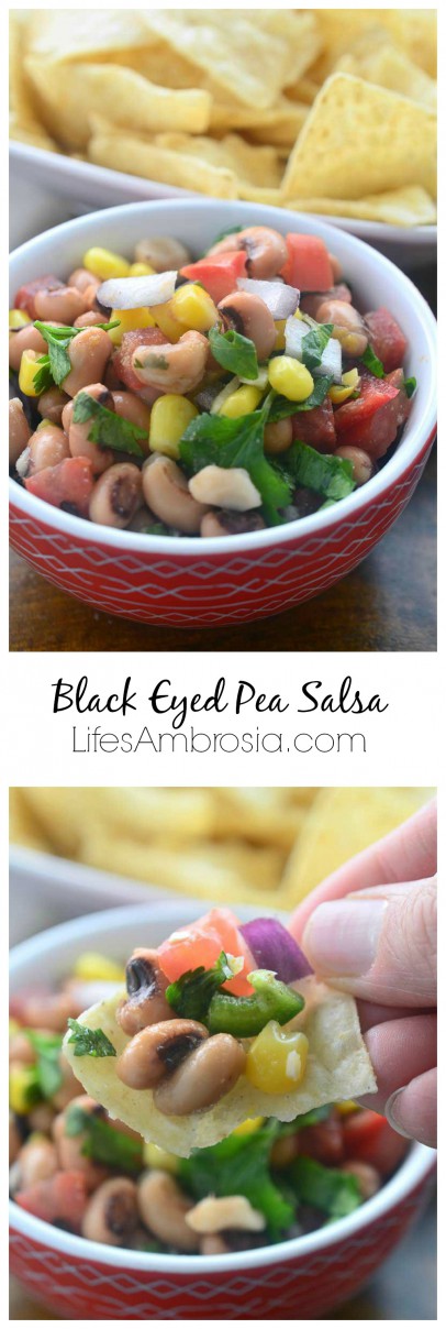 Loaded with black eyed peas, corn, tomatoes, onions, jalapeños, cilantro and lime, black eyed pea salsa is the perfect easy dip recipe to bring a bit of sunshine into your day.