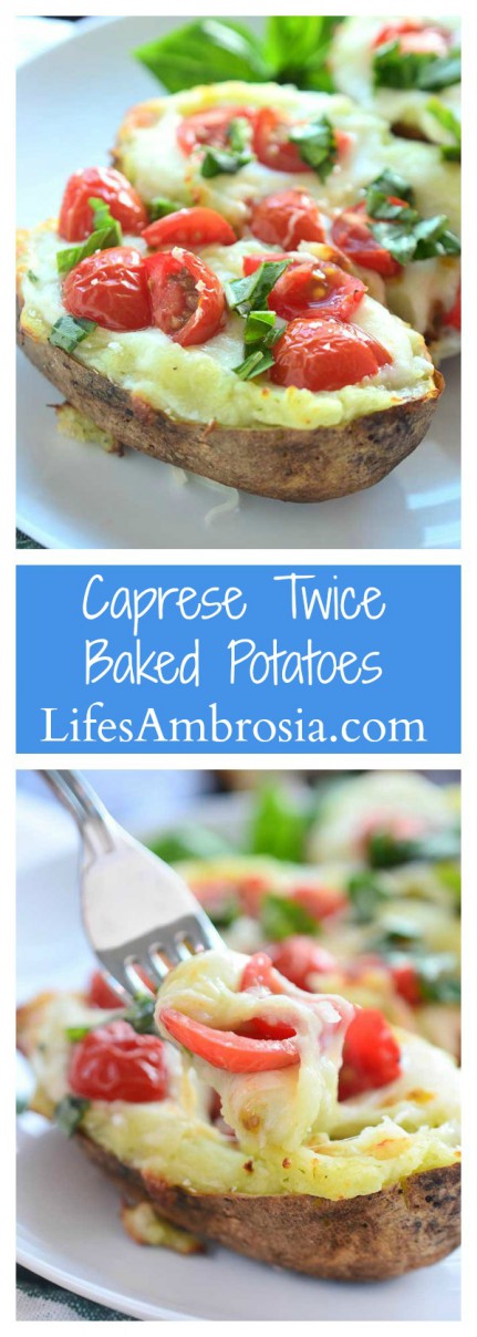 A comfort food classic gets a summer time twist with these Caprese Twice Baked Potatoes. They are loaded with pesto, mozzarella, tomatoes and fresh basil.