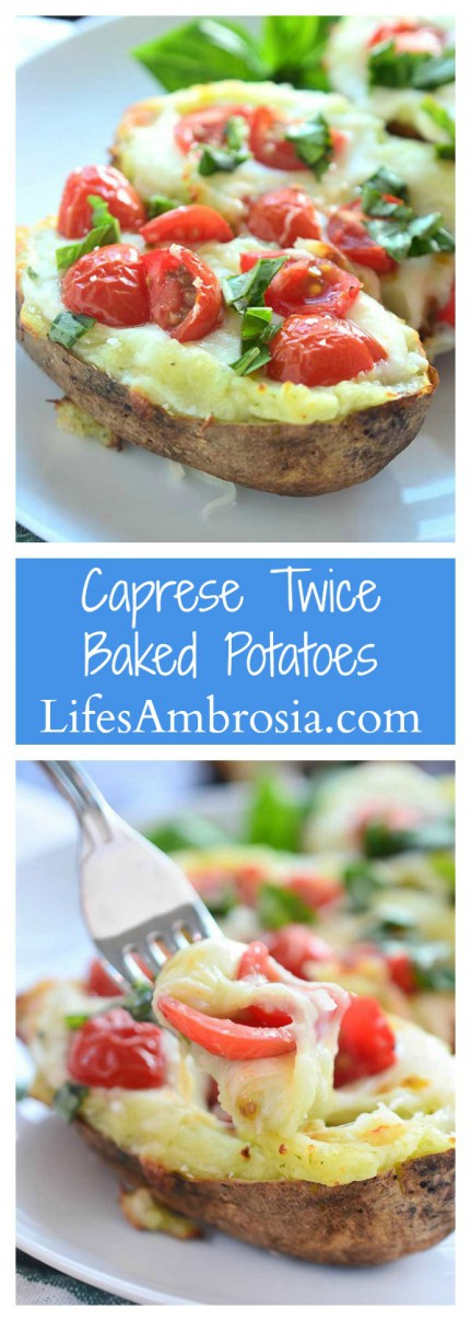 A comfort food classic gets a summer time twist with these Caprese Twice Baked Potatoes. They are loaded with pesto, mozzarella, tomatoes and fresh basil.