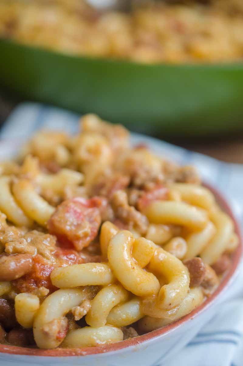 Cheesy Chili Mac. A homemade version of a childhood favorite with homemade mac n'cheese and a quick turkey chili. 