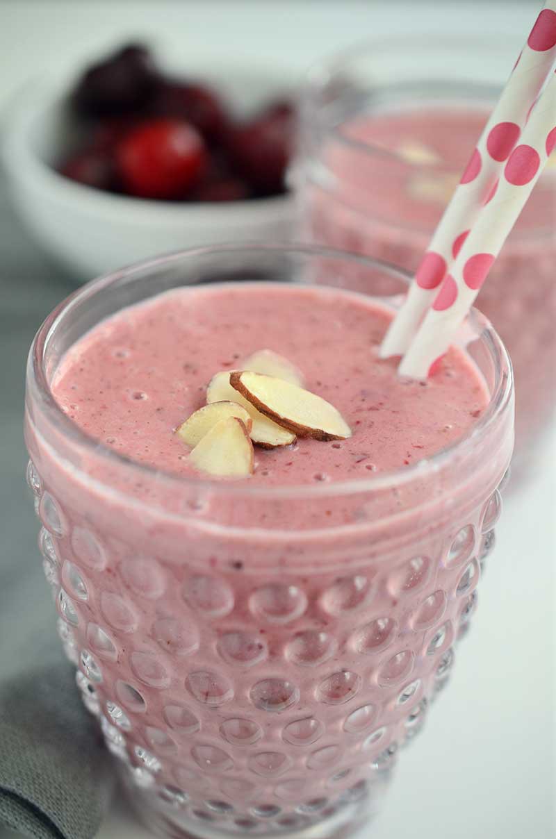 This Cherry Almond Smoothie loaded with kefir, greek yogurt, sweet cherries and almond butter is a great way to start the day! 