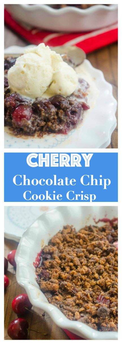 This Cherry Chocolate Chip Cookie Crisp is the perfect way to use summer cherries. Fresh sweet cherries topped with a chocolate chip cookie crumble and baked until bubbly.
