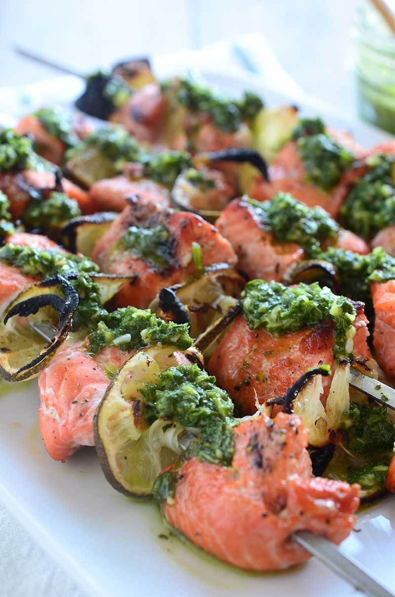 Celebrate salmon season with these quick, easy and oh so flavorful Chimichurri Salmon Skewers. Simple salmon perfection. 