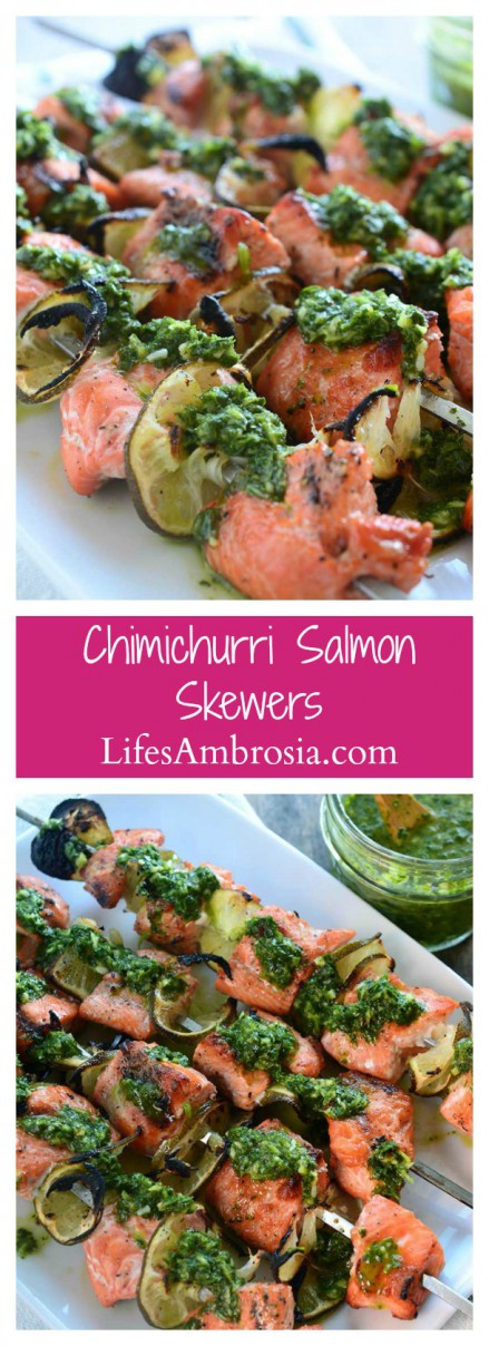 Celebrate salmon season with these quick, easy and oh so flavorful Chimichurri Salmon Skewers. Simple salmon perfection. 