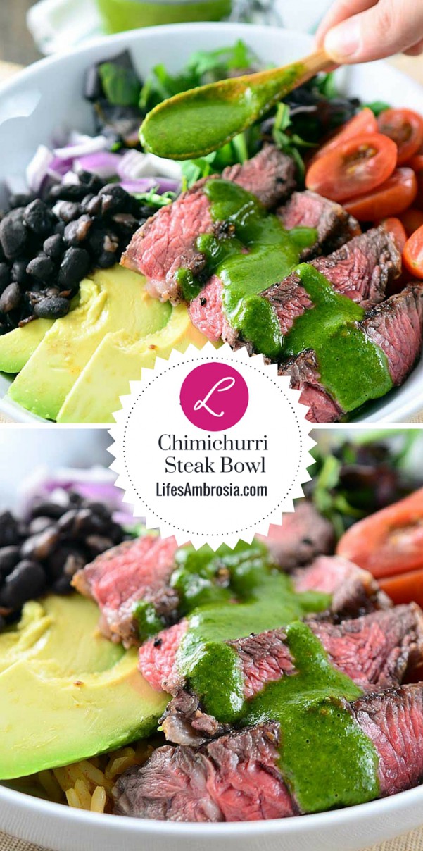 Chimichurri Steak Bowl loaded with sliced ribeye, avocado, tomatoes, red onion, black beans, spanish rice and lettuce then drizzled with chimichurri.