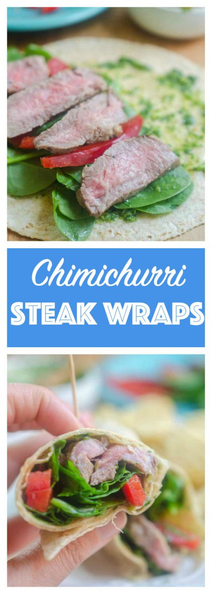 Chimichurri Steak Wraps make a great lunch or dinner! An easy chimichurri sauce adds big flavor to wraps made with steak, spinach and red bell pepper.