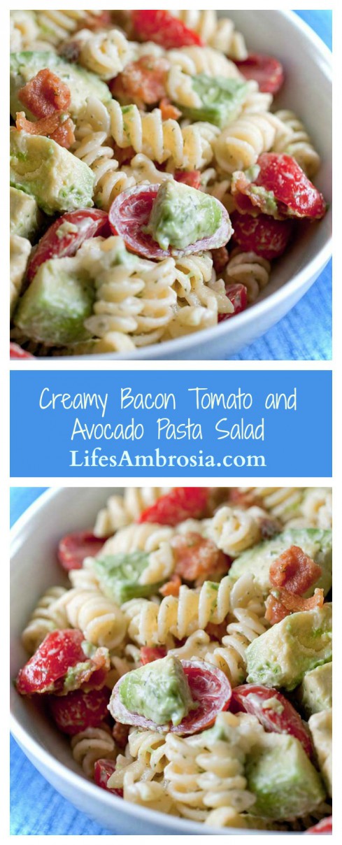 Forget boxed mixes, this Creamy Bacon Tomato Avocado Pasta Salad is the perfect potluck salad. 
