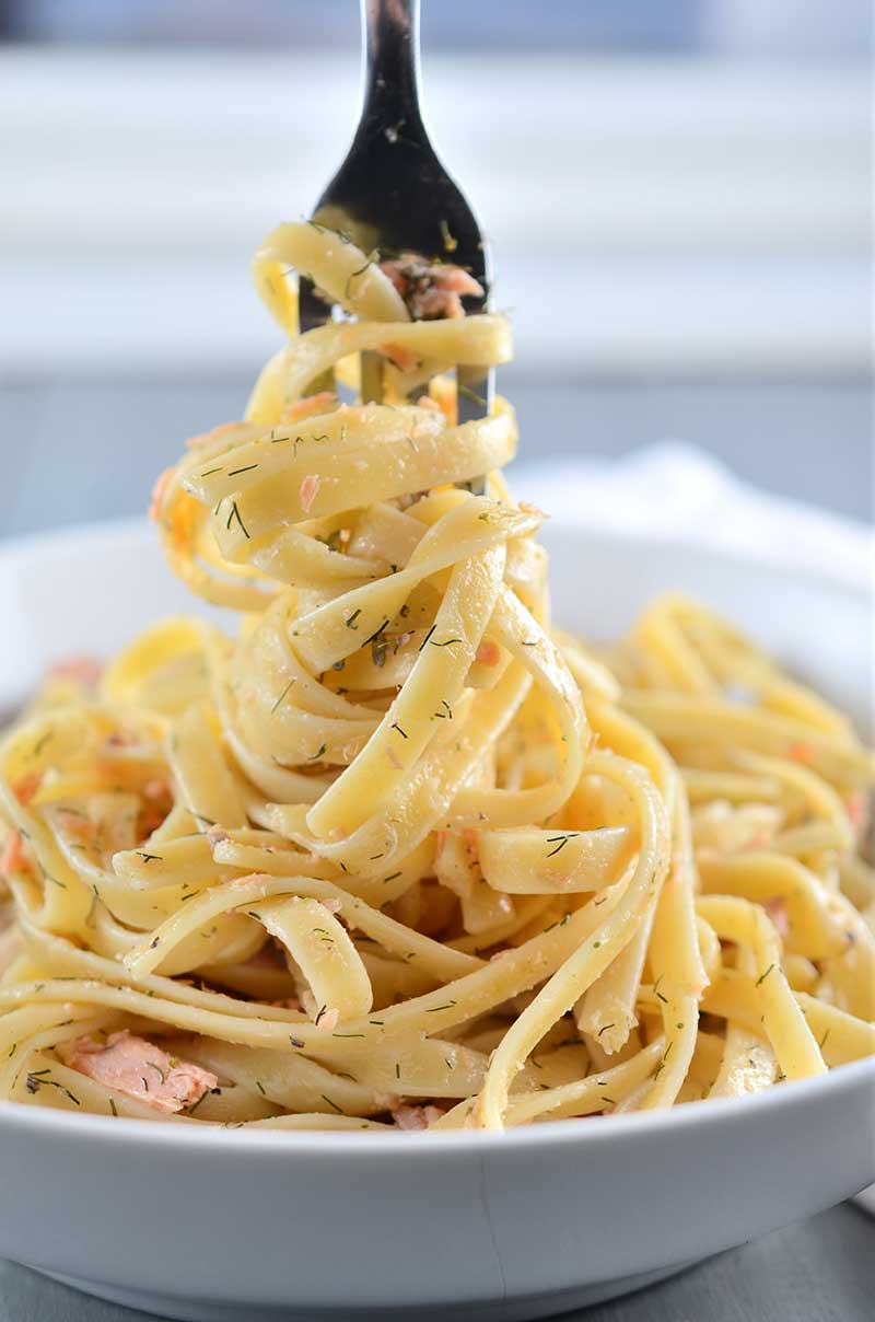 Creamy Dill Salmon Fettuccine made with salmon and white wine cream sauce is quick enough for a weeknight dinner and fancy enough for a date night at home.