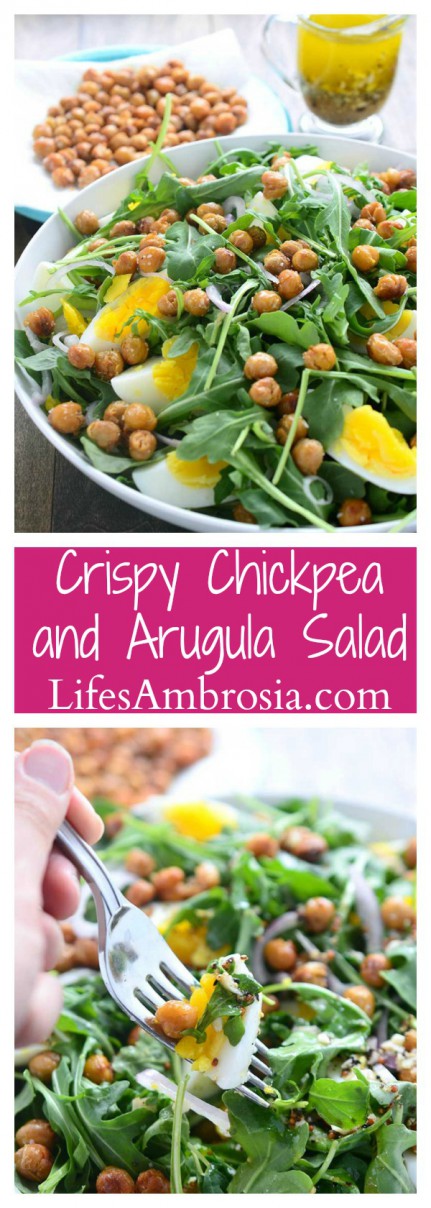 This crispy chickpea and arugula salad is loaded with arugula, crispy fried chickpeas, boiled eggs, shallots and then drizzled with a mustard vinaigrette.