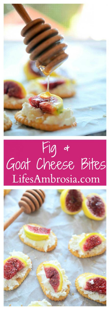 These Fig and Goat Cheese bites are the perfect cocktail party appetizer! Buttery crackers, goat cheese, sweet figs and a drizzle of honey.