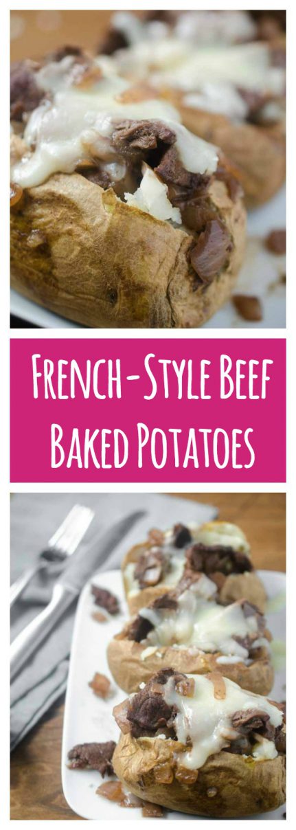 Make baked potatoes a meal with these French-Style Beef Baked Potatoes. They are loaded with thinly slice top sirloin, caramelized onion sauce and shredded Swiss cheese. 
