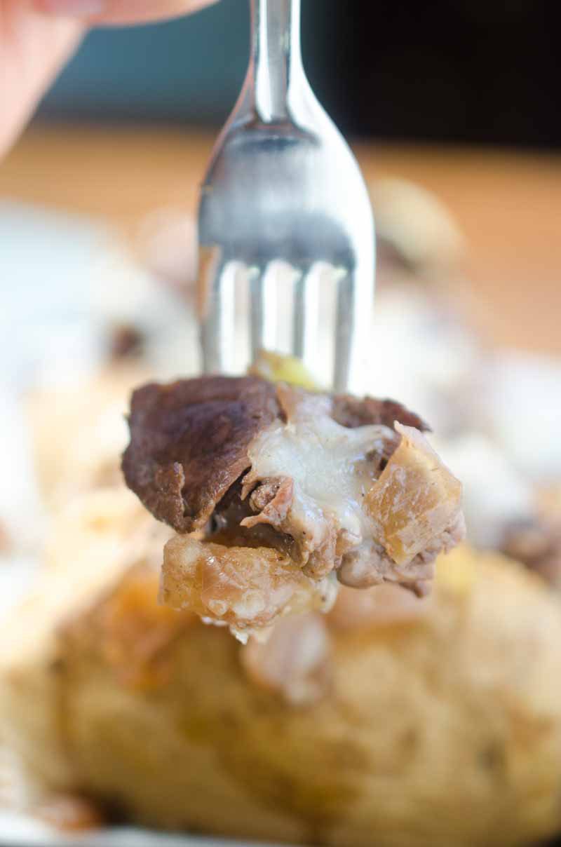 Make baked potatoes a meal with these French-Style Beef Baked Potatoes. They are loaded with thinly slice top sirloin, caramelized onion sauce and shredded Swiss cheese.