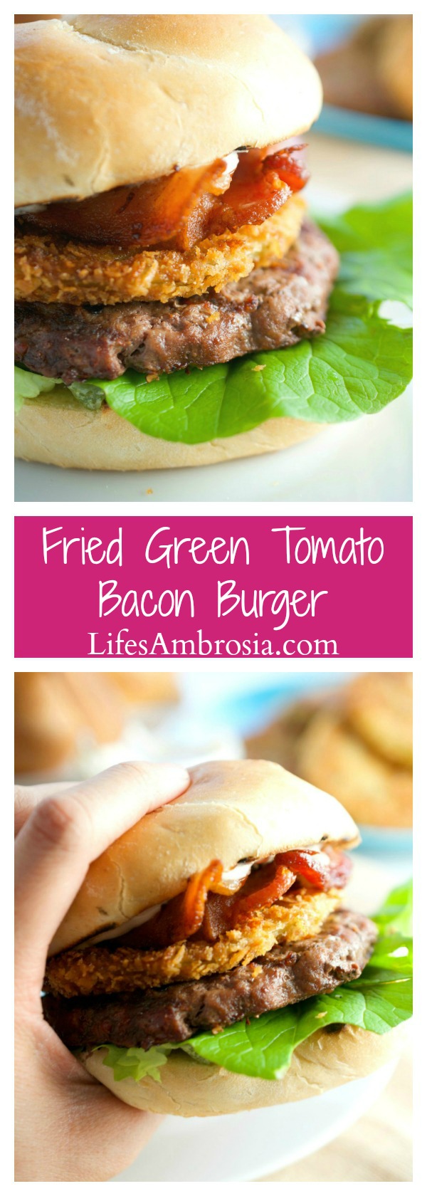 This burger gets a southern twist with bacon and a fried green tomato. Perfect way to use summer garden tomatoes!