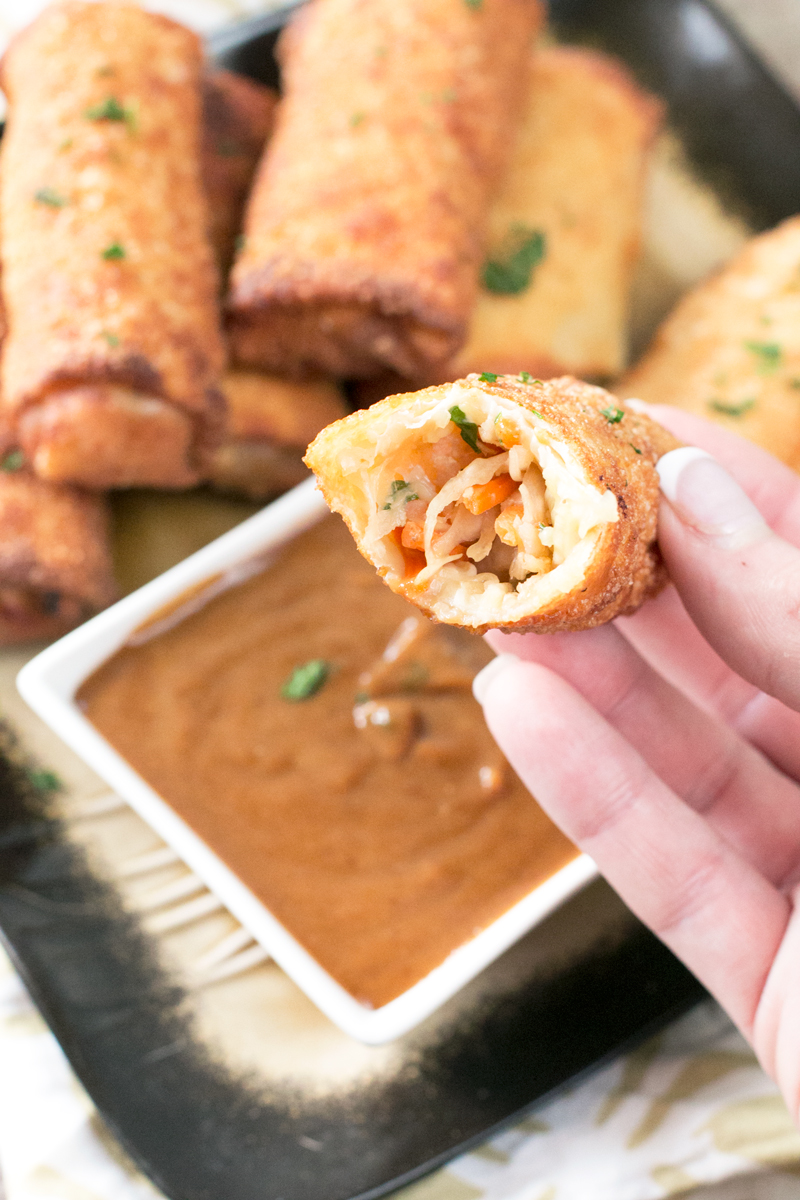 Crispy fried shrimp egg rolls loaded with shrimp, veggies and dipped in a spicy peanut sauce. 