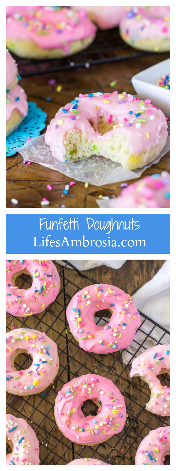 These Baked Funfetti Doughnuts are light, fluffy, crammed with sprinkles, and covered in a pretty pink glaze (and more sprinkles!)