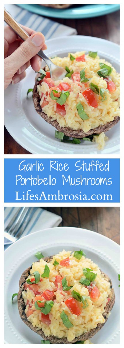 Garlic Rice Stuffed Portobello Mushrooms are stuffed with garlic rice, tomatoes and goat cheese then sprinkled with fresh basil.