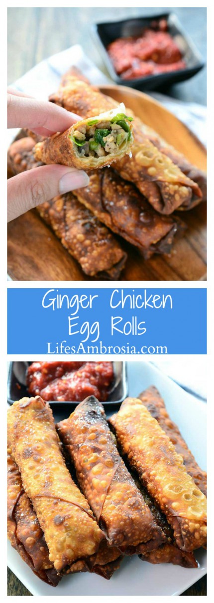 Crispy Ginger Chicken Egg Rolls are loaded with ground chicken, fresh ginger, mushrooms, green onions and cilantro. A classic Asian appetizer! 