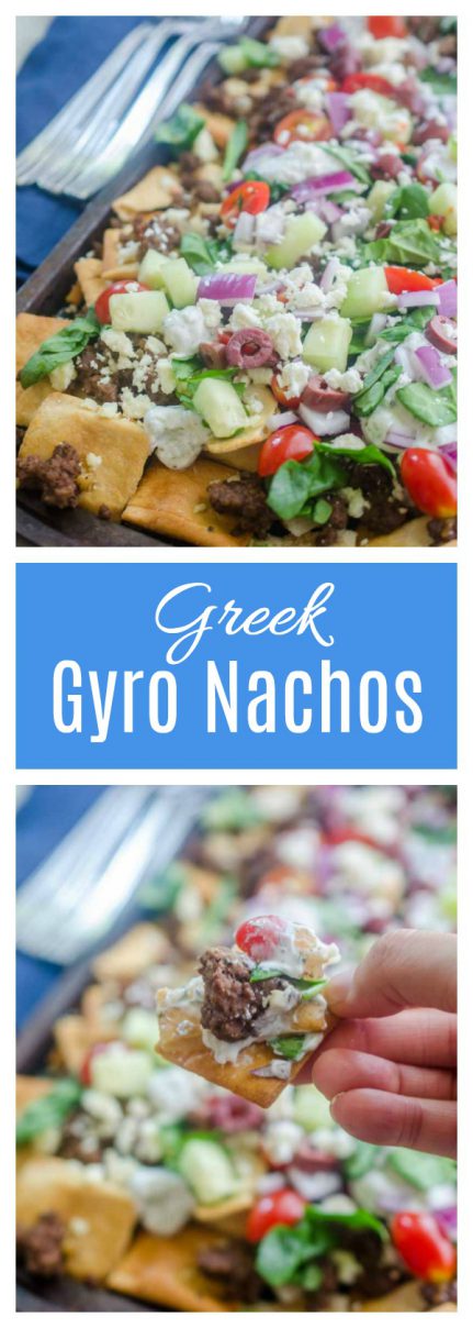 Fully loaded Greek Gyro Nachos with pita chips, tzatziki sauce, tomatoes, onions, cucumbers, olives and a whole lotta feta.