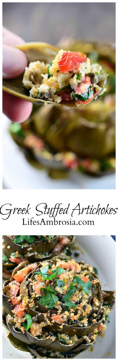 Artichokes loaded with kalamata olives, bread crumbs, tomatoes, feta and capers make these Greek Stuffed Artichokes a gorgeous way to welcome spring!