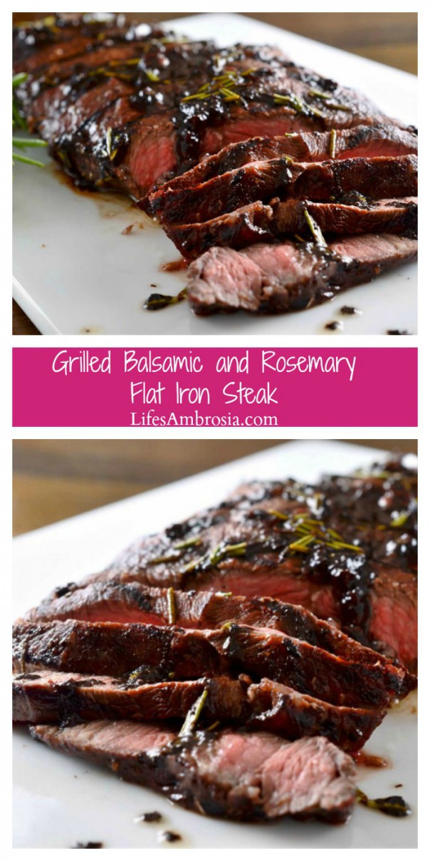 Grilled Rosemary and Balsamic Steak is the perfect, easy summer meal! Grilled flat iron steak topped with a balsamic, red wine, rosemary and garlic reduction. 