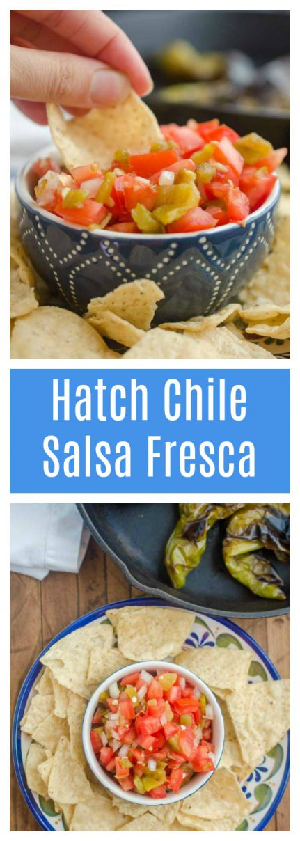 Hatch Chile Salsa Fresca is made with roasted hatch chilies, fresh tomatoes, onions, garlic and lime. It's a fun twist on fresh salsa!