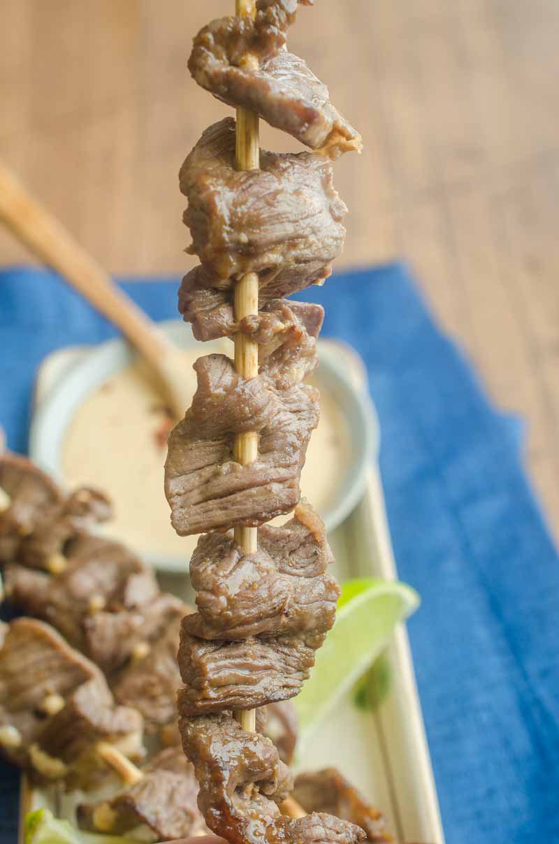 Hoisin Marinated Beef Skewers with Peanut Sauce are a family favorite. Sweet hoisin, tender beef and a creamy peanut sauce make them a flavor bomb!