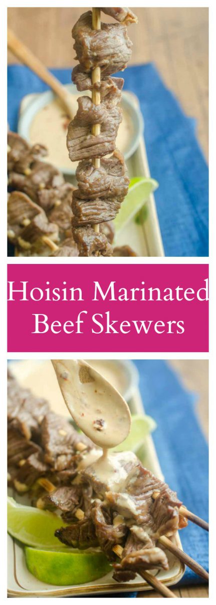 Hoisin Marinated Beef Skewers with Peanut Sauce are a family favorite. Sweet hoisin, tender beef and a creamy peanut sauce make them a flavor bomb!