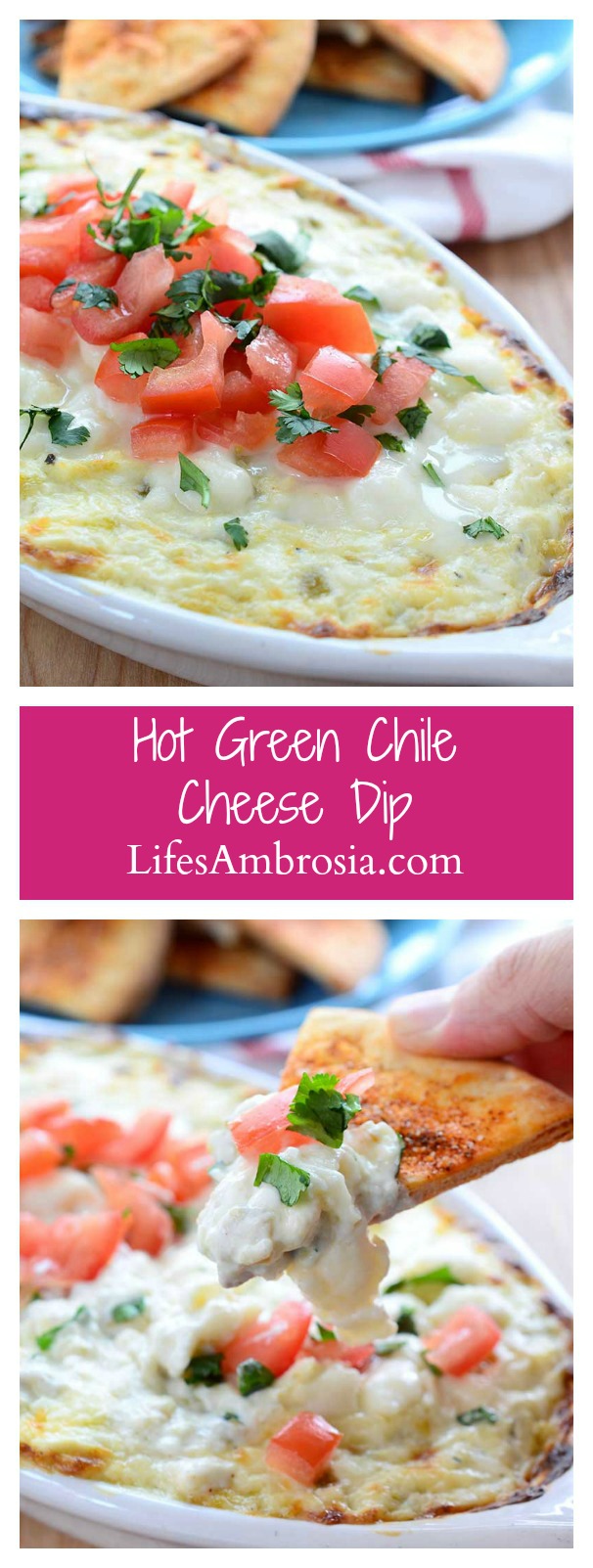 Hot Green Chile Cheese Dip. Cream cheese, pepper jack cheese, queso fresco, sour cream and green chiles baked until hot and bubbly. The perfect party dip!