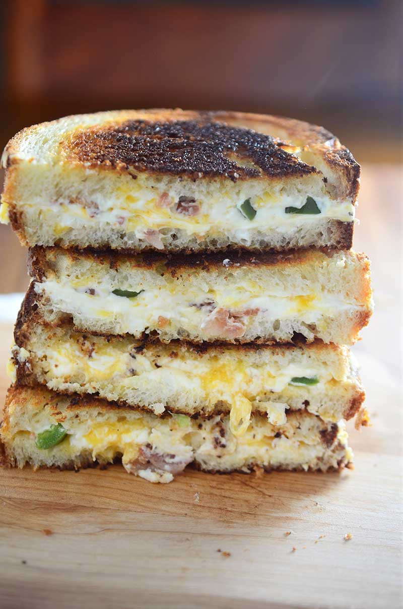 Jalapeño Popper Grilled Cheese loaded with cream cheese, cheddar, jalapeños and bacon. 