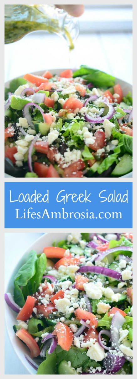 This Loaded Greek Salad has all kinds of goodies: olives, tomatoes, cucumbers, red onion, capers and feta and is tossed in a tangy Oregano vinaigrette.