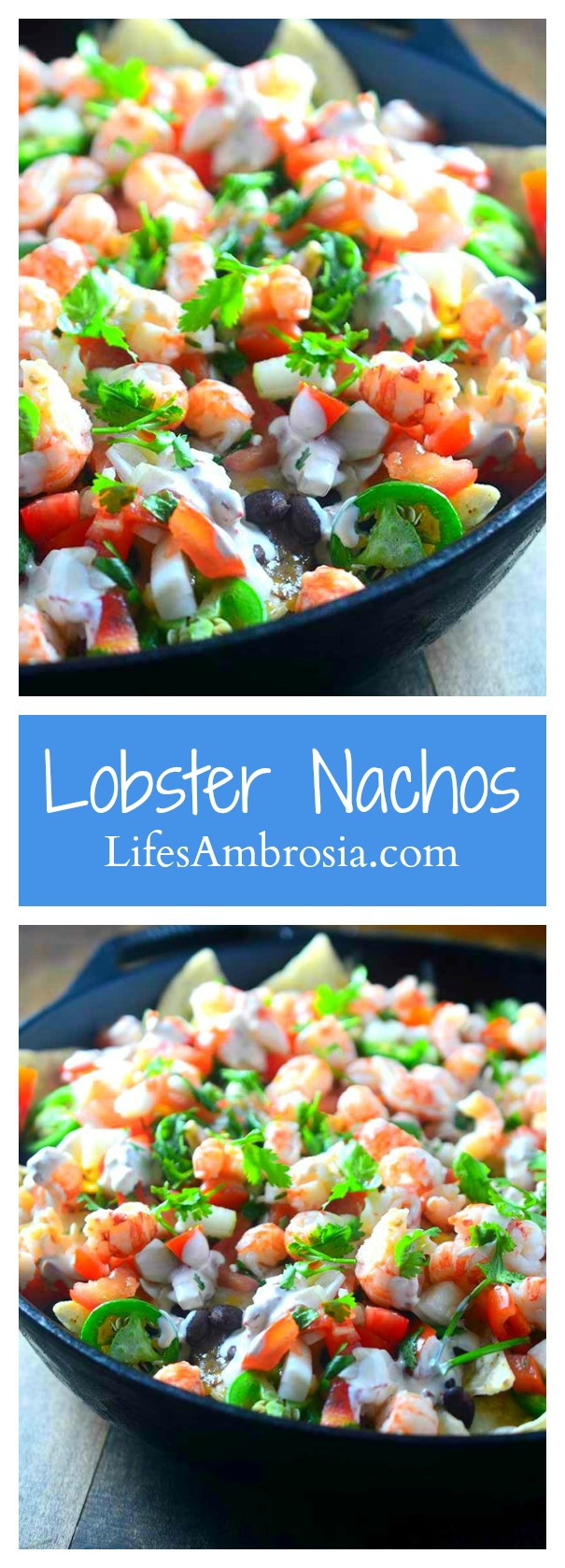 Lobster nachos are piled high with langoustine lobster tails, two kinds of cheese, black beans, homemade pico de gallo, jalapeños and a creamy chipotle sour cream.