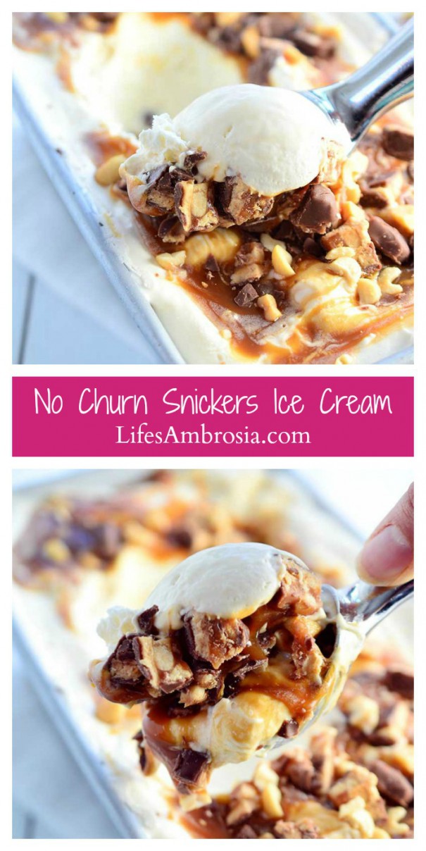 No Churn Snickers Ice Cream is a rich decadent treat loaded with chopped Snickers candies, caramel sauce and chopped peanuts. And it is beyond easy to make!