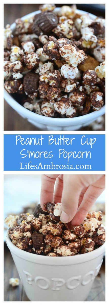 Peanut Butter Cup S'mores Popcorn one heck of a salty/sweet snack. It is loaded with popcorn, peanut butter cups, marshmallows, graham cereal and chocolate.