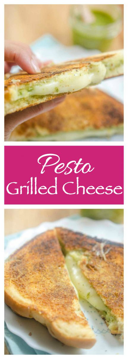 Pesto Grilled Cheese. Pesto and Mozzarella sandwiched between Parmesan crusted bread and then grilled to perfection.