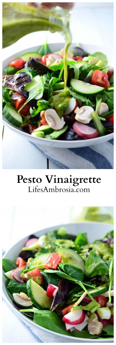 förberedd pesto gör att denna pesto vinaigrette kommer ihop i en blixt. Det är det perfekta sättet att lägga till lite solsken i dina sallader!'s the perfect way to add a little sunshine to your salads!