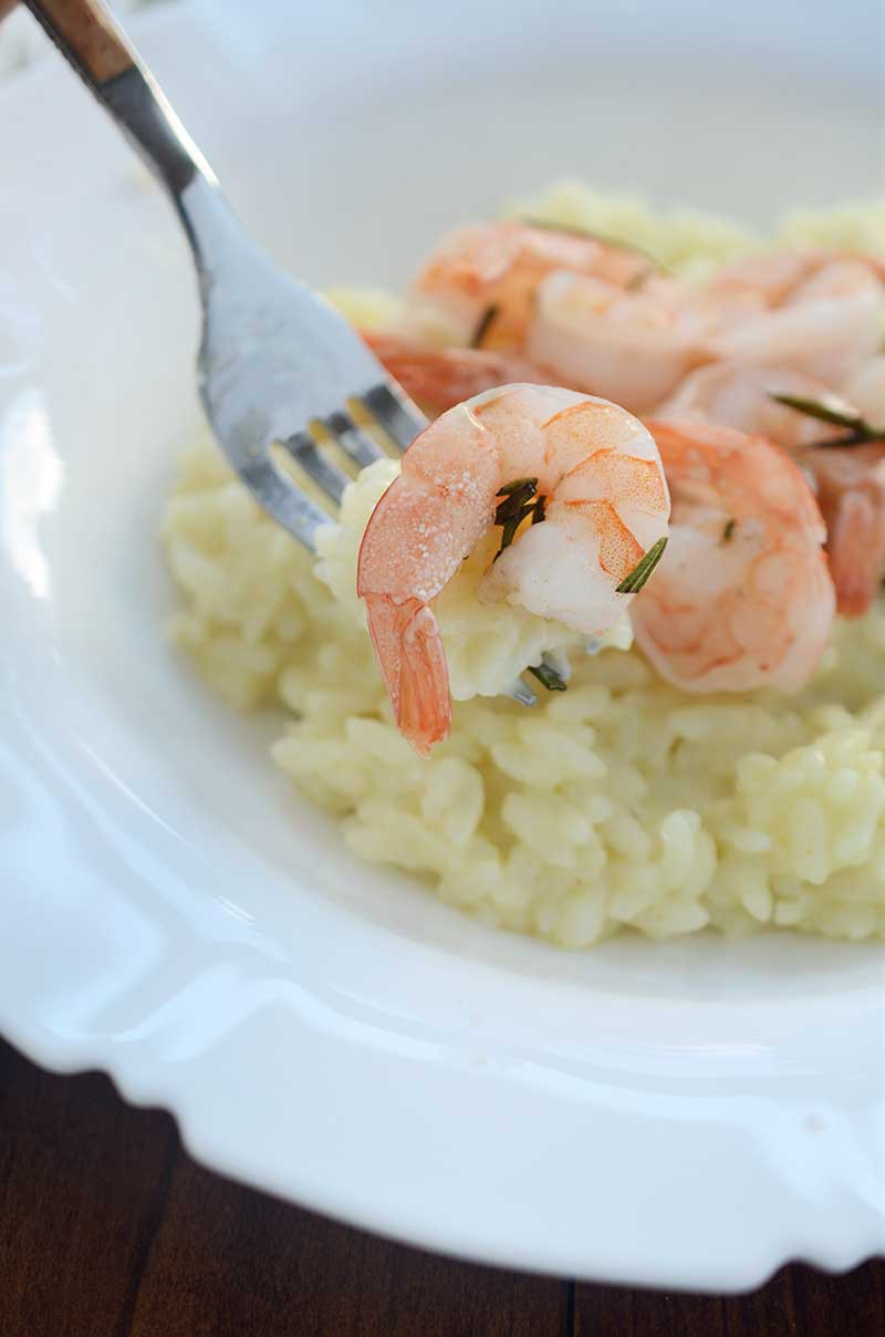 Easy Pressure Cooker Risotto and Rosemary Roasted Shrimp. This is a gorgeous and simple meal that is perfect for date night at home AND busy weeknights.