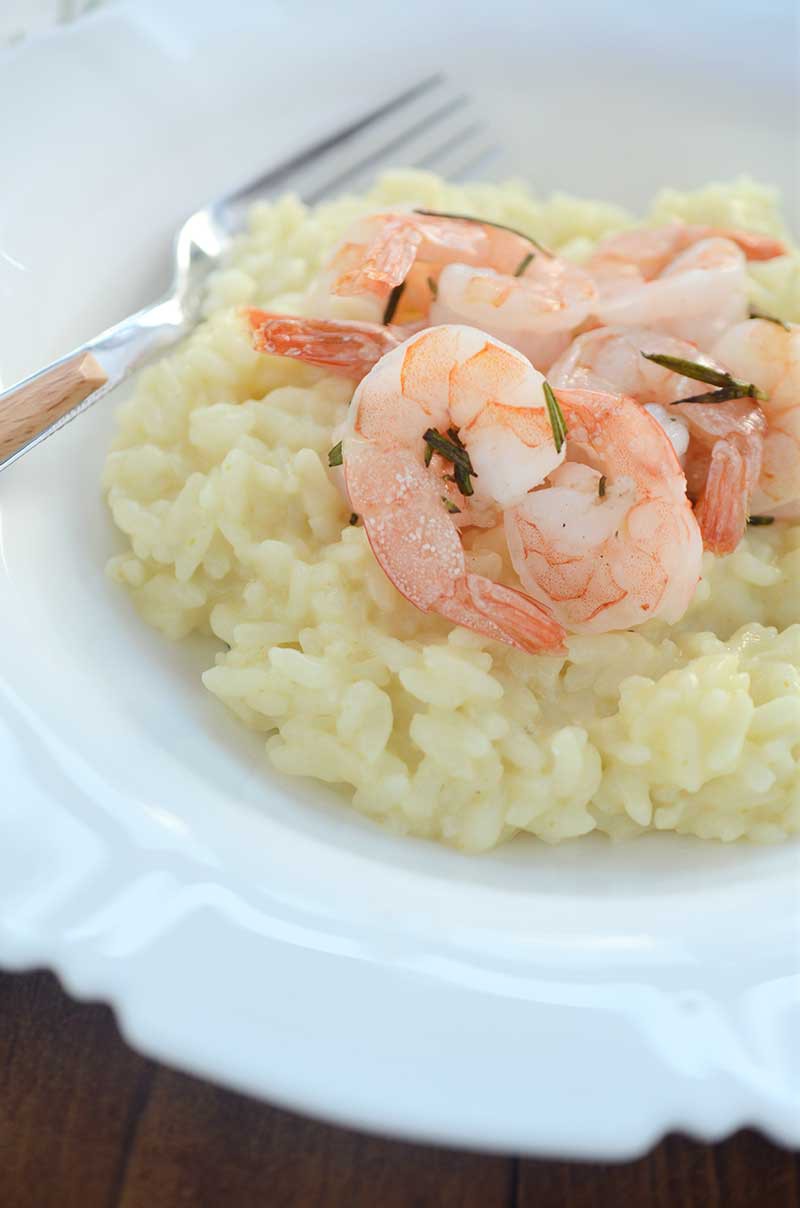 Easy Pressure Cooker Risotto and Rosemary Roasted Shrimp. This is a gorgeous and simple meal that is perfect for date night at home AND busy weeknights.