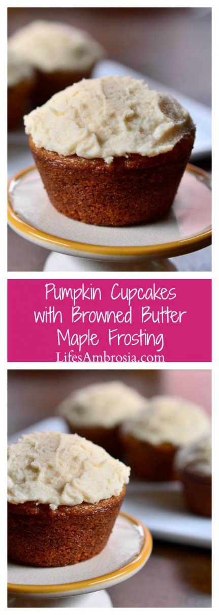 Delectable pumpkin cupcakes topped with browned butter maple frosting. 