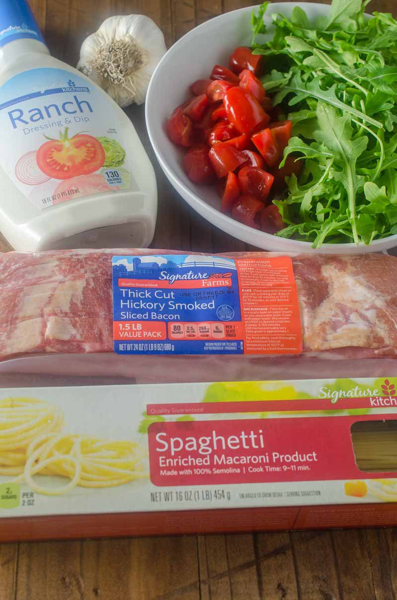 This Ranch BLT Spaghetti is full of thick cut bacon, diced tomatoes, arugula and a drizzle of ranch. It’ll be a family favorite for sure!