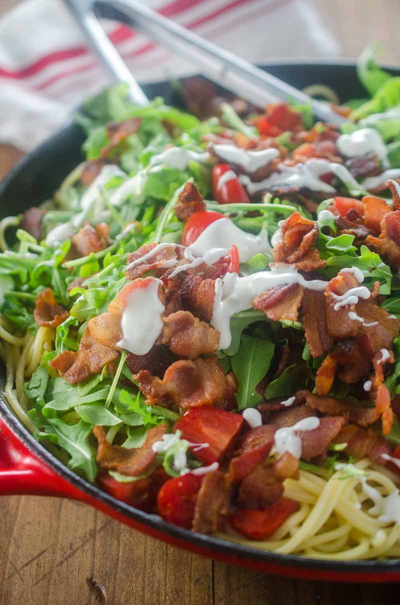 This Ranch BLT Spaghetti is full of thick cut bacon, diced tomatoes, arugula and a drizzle of ranch. It’ll be a family favorite for sure!