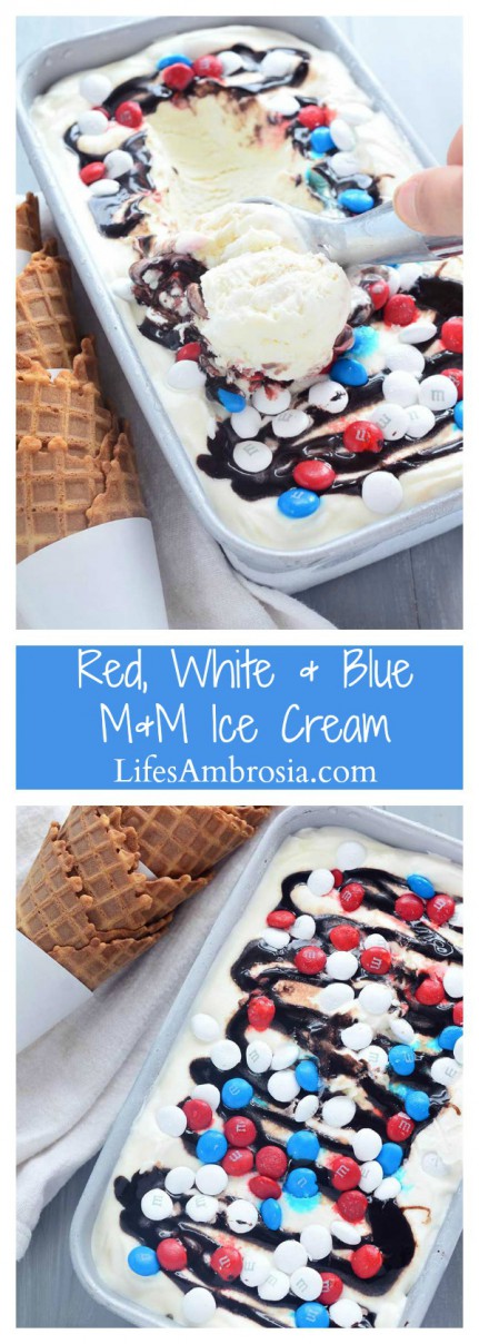 Loaded with M&Ms, fudge and caramel ,this no-churn, Red, White, and Blue M&M ice cream is perfect for your 4th of July celebrations!