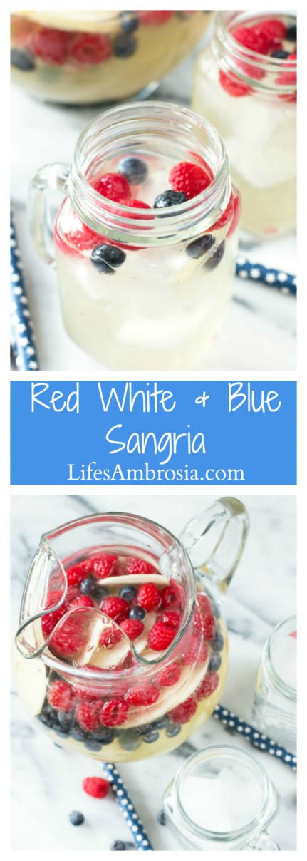 A patriotic twist on Sangria this colorful red, white and blue sangria with raspberries, blueberries and apples is perfect for the 4th of July!