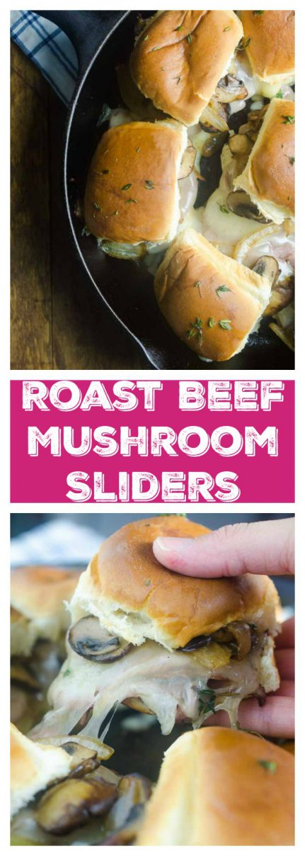 Quick and easy Roast Beef Mushroom Sliders are perfect for weeknights and game day! Loaded with roast beef, Swiss cheese, sautéed mushrooms and brushed with herb butter.