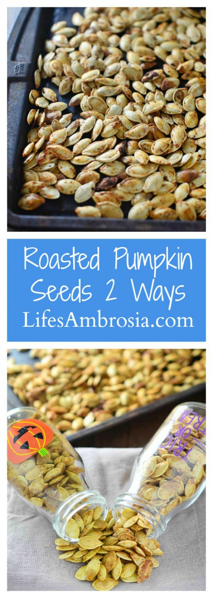 Roasted Pumpkin Seeds are a wonderful fall snack! Here are two different flavors to serve them: tossed in garlicky oil and butter and tossed in a spicy curry powder. 