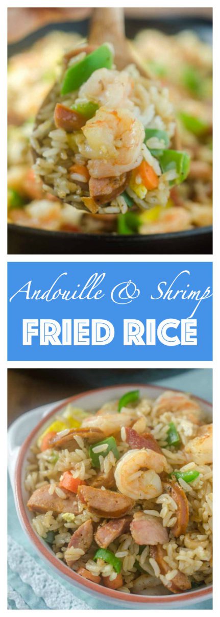 Andouille and Shrimp Fried Rice is loaded with all kinds of goodies! Spicy andouille, succulent shrimp, eggs, bacon and veggies. 